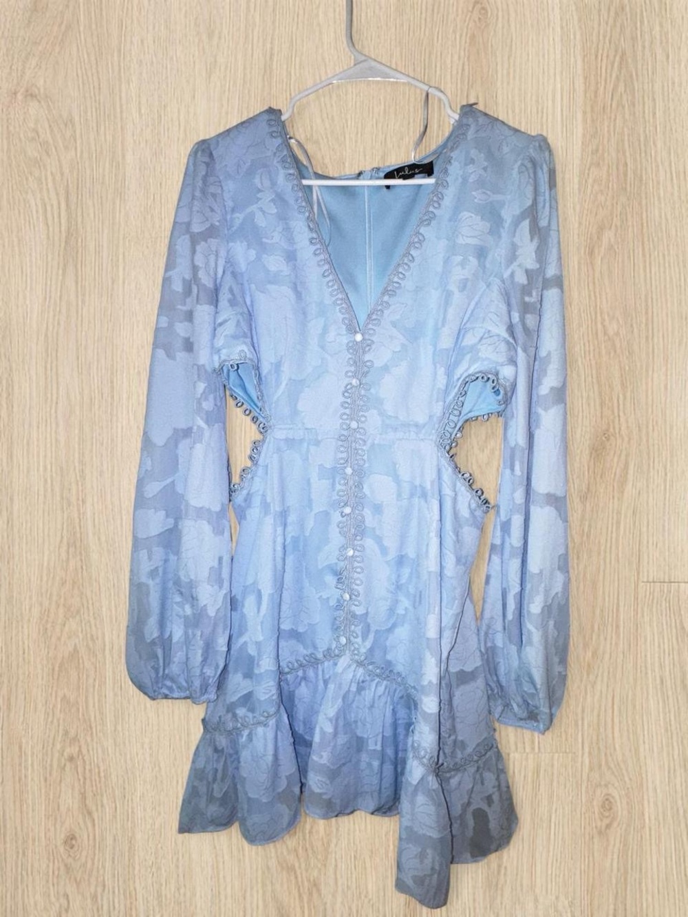 Dreamy coquette baby blue floral jacquard mini dress